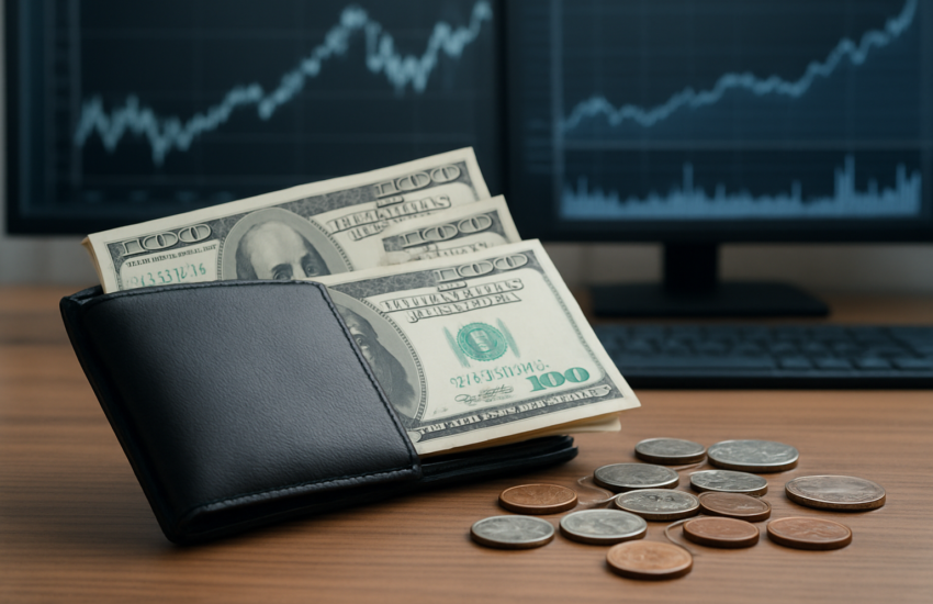 A wallet with cash and coins on a wooden surface, with a blurred financial chart in the background