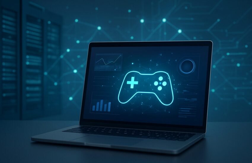 A laptop displaying a digital game controller on a blue technological background