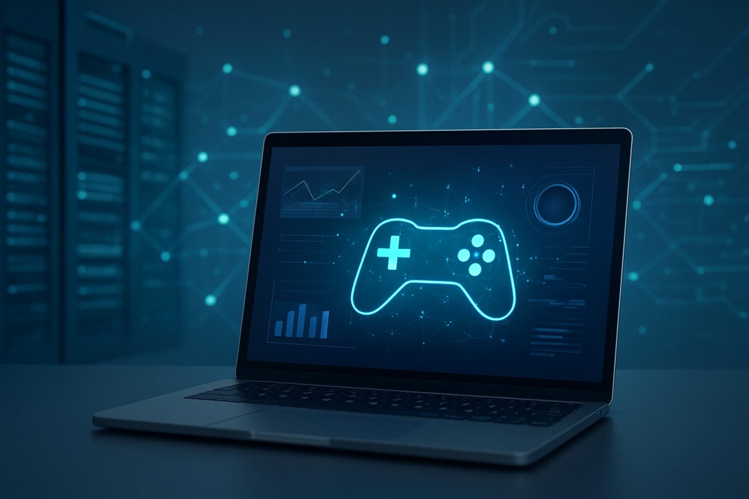 A laptop displaying a digital game controller on a blue technological background