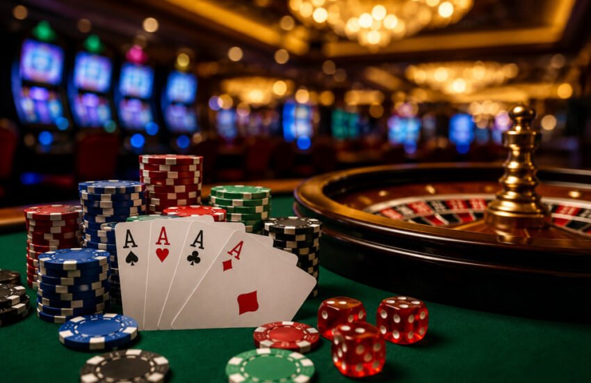 A collection of poker chips, playing cards showing Aces, and a roulette wheel on a green felt table in a casino setting
